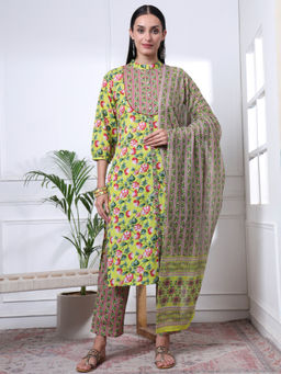Yufta - Womens Floral Straight Yellow Kurta with Pant and Dupatta (Set of 3)