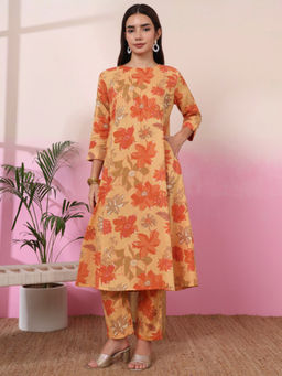 Yufta - Womens Floral Flared Orange Kurta with Pant (Set of 2)
