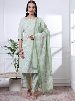 Yufta - Womens Floral Straight Green Kurta with Pant and Dupatta (Set of 3)