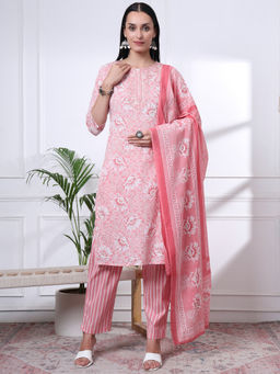 Yufta - Womens Floral Straight Pink Kurta with Pant and Dupatta (Set of 3)