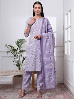 Yufta - Womens Floral Straight Lavender Kurta with Pant and Dupatta (Set of 3)