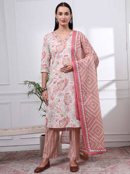 Yufta - Womens Floral Straight Pink Kurta with Pant and Dupatta (Set of 3)