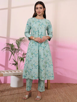 Yufta - Womens Floral Flared Blue Kurta with Pant (Set of 2)