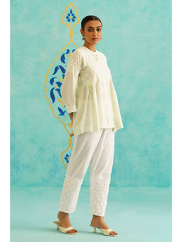 SAAYA THE LABEL - Womens Embroidered A-Line Green Kurti with Pant (Set of 2)