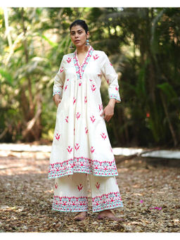 Chidiyaa - Womens Printed A-Line Cream Co-Ord (Set of 2)