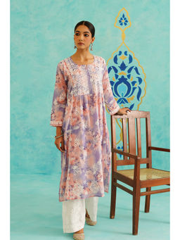 SAAYA THE LABEL - Womens Floral Straight Blue Kurta with Palazzo (Set of 2)