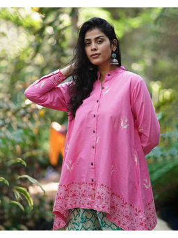 Chidiyaa - Womens Printed Asymmetrical Pink Shirt