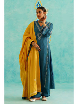 SAAYA THE LABEL - Womens Embroidered A-Line Teal Kurta with Pant and Dupatta (Set of 3)