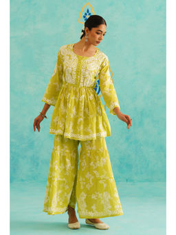 SAAYA THE LABEL - Womens Floral Flared Green Kurti with Sharara (Set of 2)