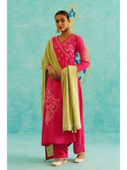 SAAYA THE LABEL - Womens Straight Pink Angrakha Kurta with Pant and Dupatta (Set of 3)