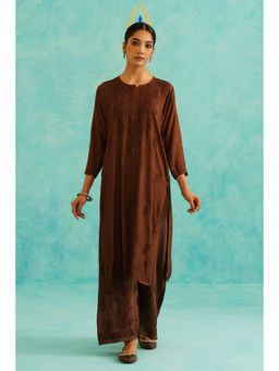 SAAYA THE LABEL - Womens Embroidered Straight Brown Kurta with Palazzo (Set of 2)