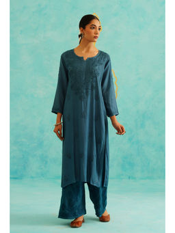 SAAYA THE LABEL - Womens Embroidered Straight Teal Kurta with Palazzo (Set of 2)