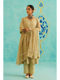 SAAYA THE LABEL - Womens Embroidered Comfortable Olive Kurta with Pant and Dupatta (Set of 3)