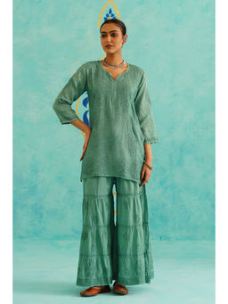 SAAYA THE LABEL - Womens Embroidered Comfortable Green Kurti with Sharara (Set of 2)