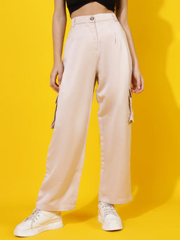 KOTTY - Beige Straight Fit High-Rise Solid Cargos Pant