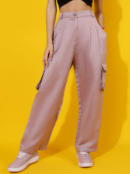 KOTTY - Pink Straight Fit High-Rise Solid Cargos Pant