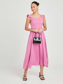 Styli - Pink Ruffle Sleeves Square Neck A-line Midi Dress With Zipper Closure