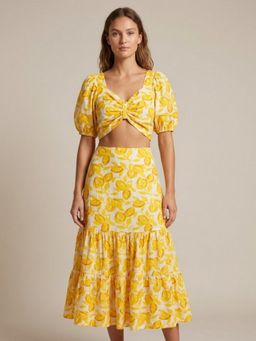 GAIIA - Yellow Floral Printed Cotton Crop Top with Skirt