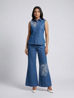 GAIIA - Royal Dark Blue Floral Thread Denim Co-Ord Set
