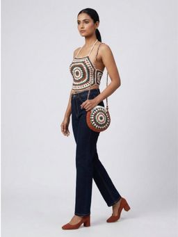 GAIIA - Brown Handcrafted Floral Crosio Knit Crop Top with Sling Bag