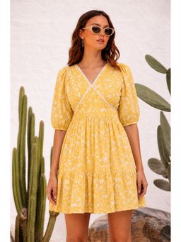StyleStone - Women's Cotton Yellow Floral Dress with Lace Detail