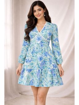 StyleStone - Women's Cotton Blue Floral Dress with Lace Detail
