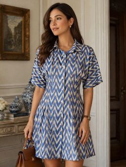 StyleStone - Women's Polyester Blue Chevron Dress with Waist Fitting
