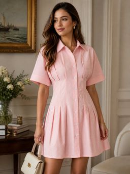 StyleStone - Women's Cotton Pink Stripe Dress with Waist Fitting