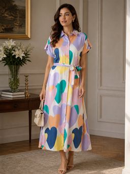 StyleStone - Women's Viscose Modal Satin Printed Dress with Belt
