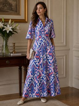 StyleStone - Blue Women's Cotton Tiered Ikkat Printed Dress