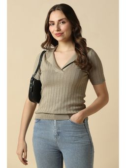 Allen Solly - Women Beige Textured Casual Polo T-Shirt
