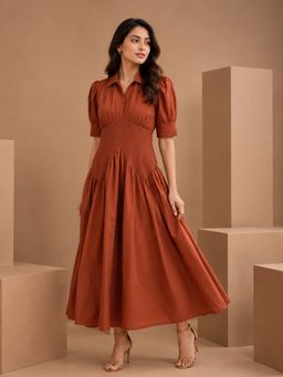 UNIMODA - Cinnamon Brown Smocked Cotton Midi Dress