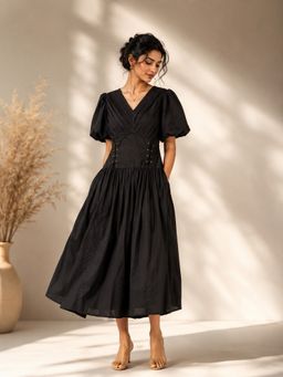 UNIMODA - Coal Black V-Neck Gathered Midi Dress