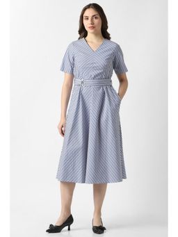 Van Heusen - Women Blue Stripe Knee Length Formal Dress with Belt