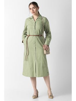 Van Heusen - Women Olive Stripe Formal Dress with Belt