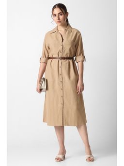 Van Heusen - Women Beige Stripe Calf-Length Formal Dress with Belt