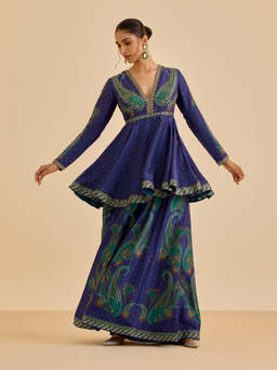 Ritu Kumar - Blue Dancing Paisley Peplum Top with Palazzo