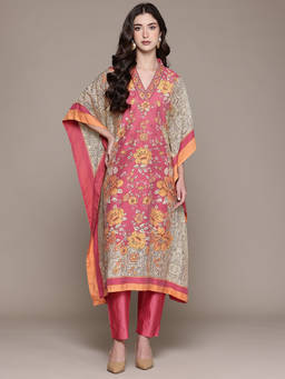 Ritu Kumar - Pink Mono Floral Kaftan with Pant
