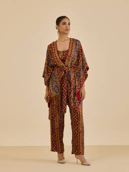 Ritu Kumar - Burgundy Temple Kaftan with Crop Top and Pant