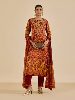 Ritu Kumar - Red Nia Kurta with Pant and Dupatta