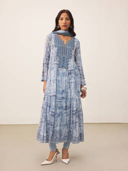 Ritu Kumar - Blue Achhara Anarkali Kurta with Legging and Dupatta