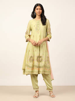 Ritu Kumar - Sage Green Pier Kurta with Pant and Dupatta