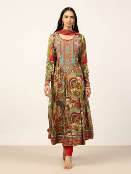Ritu Kumar - Multi-Color Print Kurta with Churidar and Dupatta