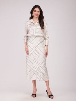 FableStreet - Off White & Black Satin Shirt with Skirt Co Ord (Set of 2)