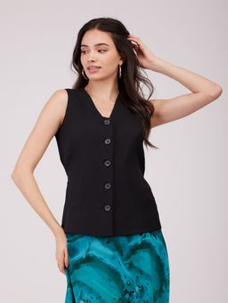 FableStreet - Black Placket Detail Waistcoat