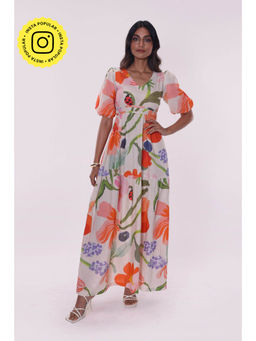 Poppi - Beige Printed Half Sleeves Maxi Dress