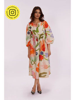 Poppi - Beige Printed Three Fourth Sleeves Midi Dress