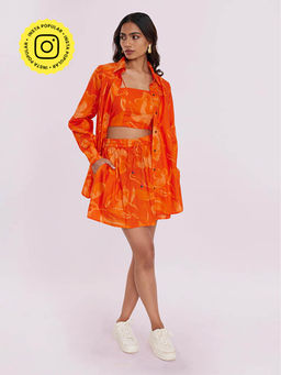 Poppi - Tulip Printed Skirt Bustier with Skirt and Shirt Co-Ord Set