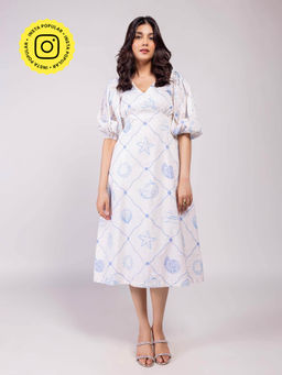 Poppi - Seascape Printed V-Neck Midi Dress