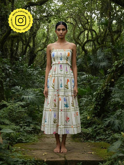 Poppi - Womens Off White Flower Printed Midi Dress